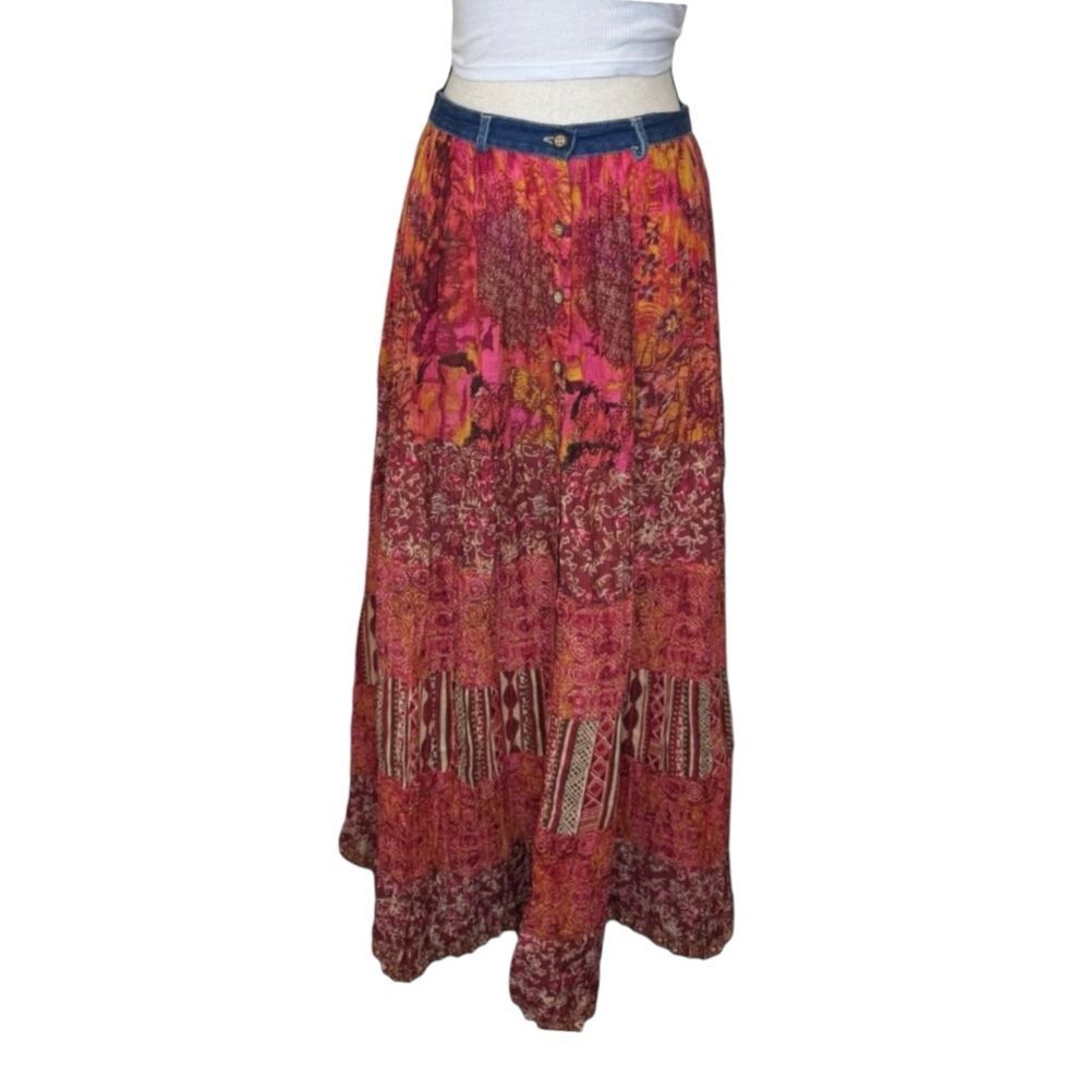 Y2K St. John’s Bay Boho Denim & Pink Floral + Paisley Print Maxi Skirt Size 10